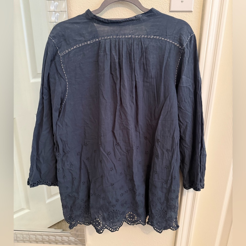 Vintage Johnny Was Navy Button-Front Pintuck Peasant Blouse - Large - Picture 2 of 3
